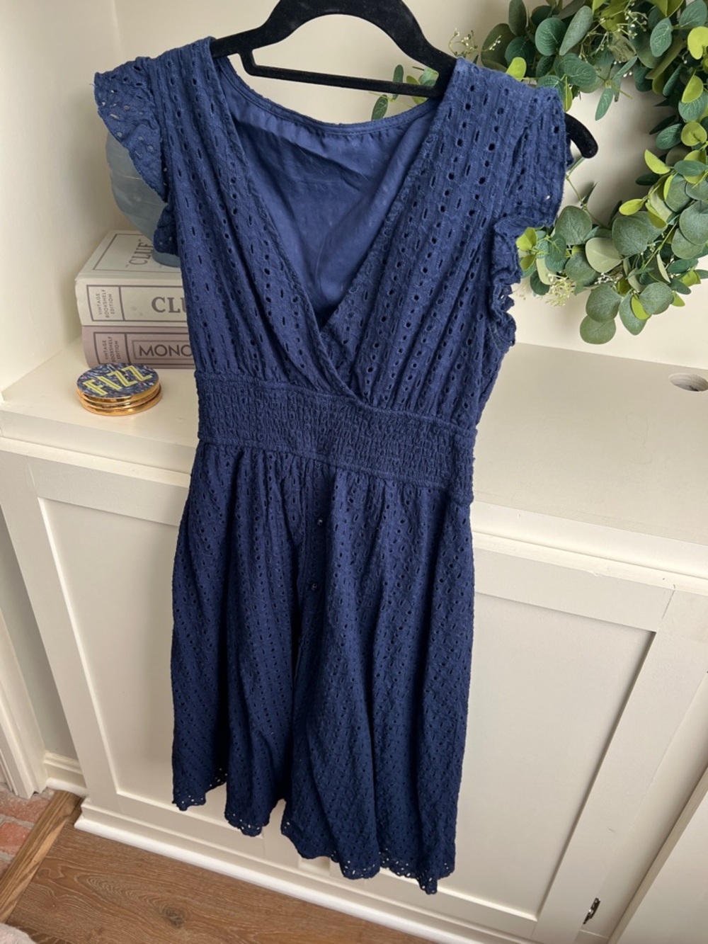 Navy Eyelet V-Neck Midi Dress